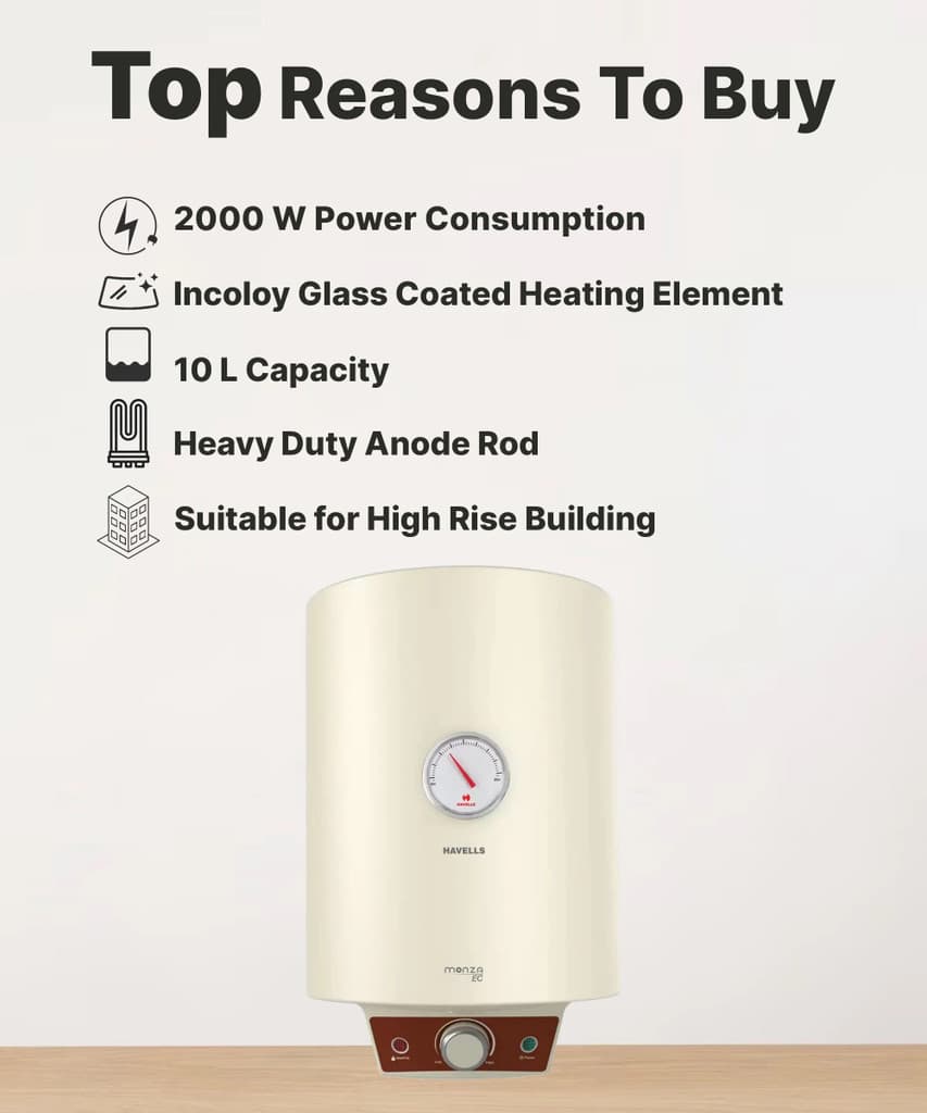 HAVELLS Monza EC 10 L Storage Water Geyser | 4 Star BEE Energy Rating | Glassline Tanked