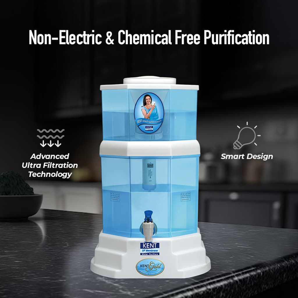 KENT Gold 20 L Gravity Based + UF Water Purifier Water Purifier | UF Technology Based | Non-Electric & Chemical Free | Counter Top | 20L Storage |