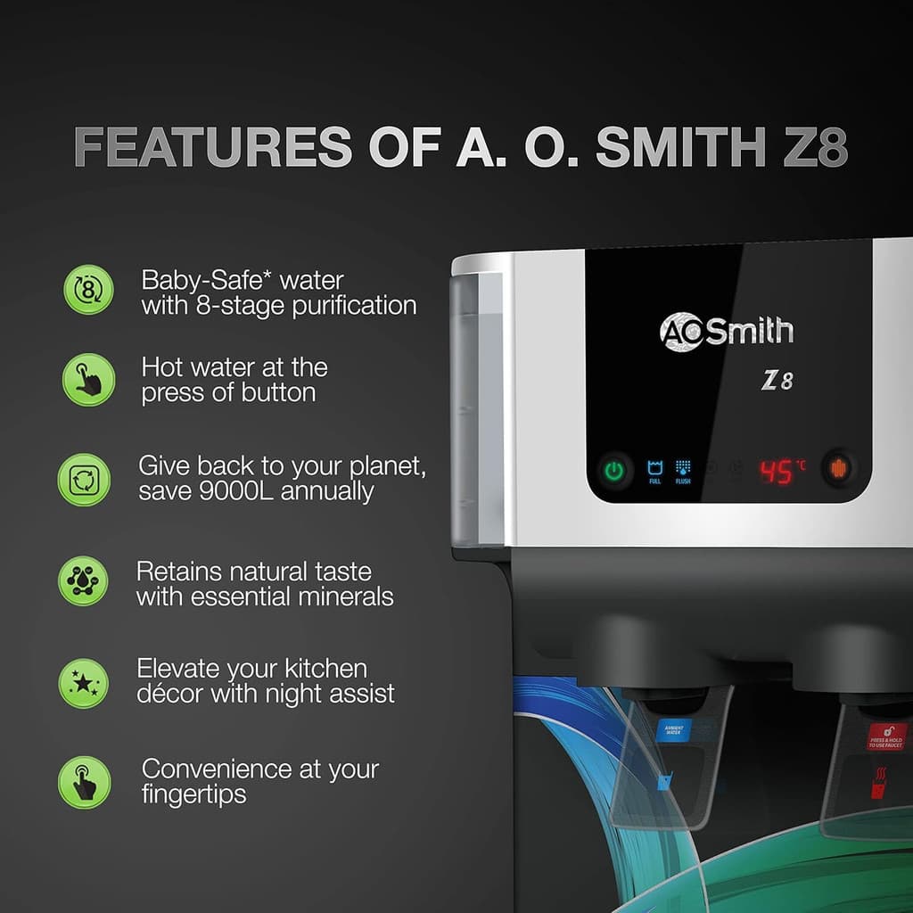 AO Smith Z8 10 L RO + SCMT Water Purifier | Hot + Normal Water| Baby-Safe Water with 8 Stage Purification| Wall Mount + Table Top Placement| Suitable for all - Borewell, Tanker, Municipality Water