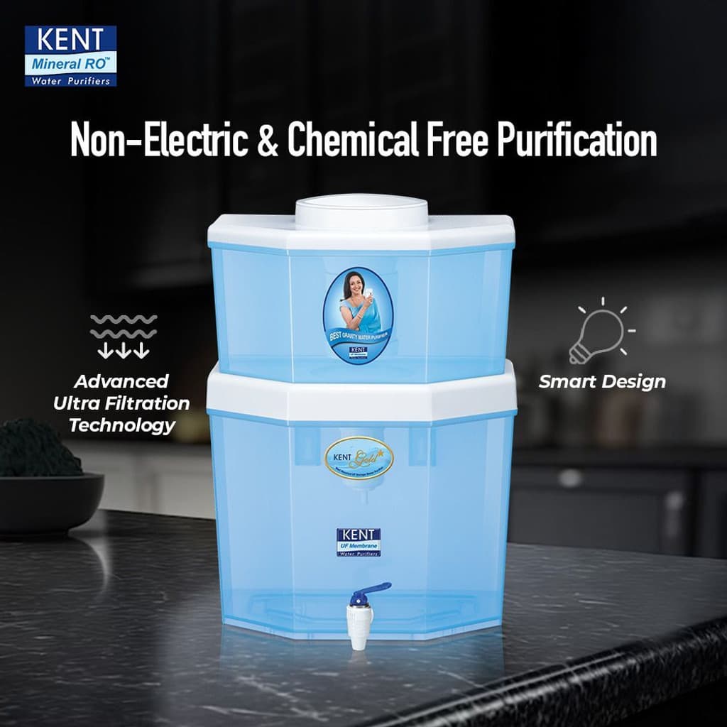 KENT GOLD STAR 22 L Gravity Based + UF Water Purifier Water Purifier | UF Technology Based | Non-Electric & Chemical Free Purification Process | Counter Top | 22L Storage Tank | Suitable for Low TDS Water Upto 150 |