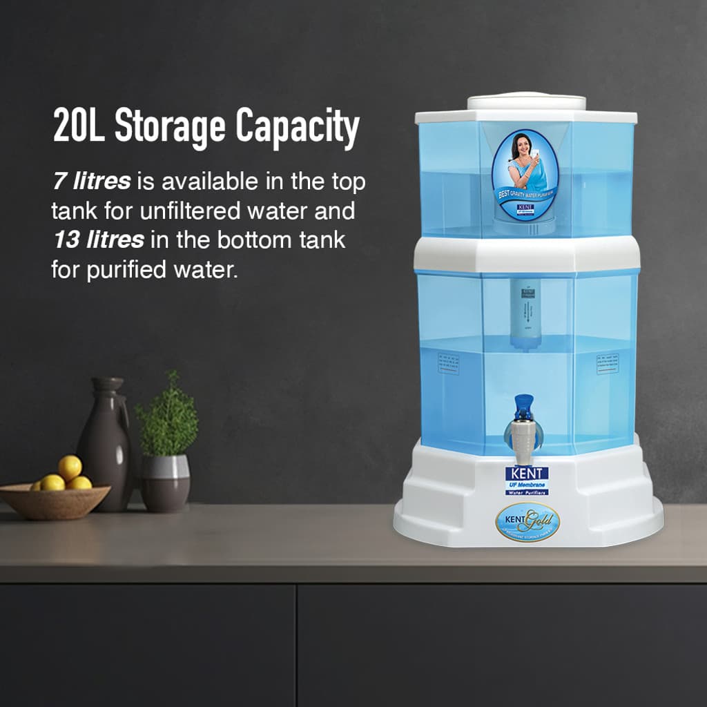 KENT Gold 20 L Gravity Based + UF Water Purifier Water Purifier | UF Technology Based | Non-Electric & Chemical Free | Counter Top | 20L Storage |