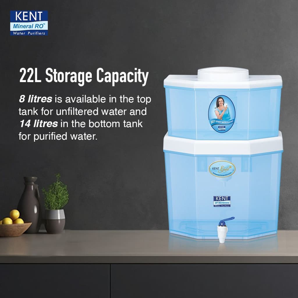 KENT GOLD STAR 22 L Gravity Based + UF Water Purifier Water Purifier | UF Technology Based | Non-Electric & Chemical Free Purification Process | Counter Top | 22L Storage Tank | Suitable for Low TDS Water Upto 150 |
