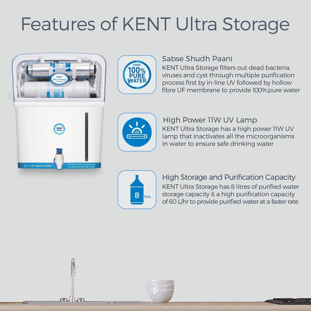 KENT ULTRA STORAGE 8 L UV + UF Water Purifier Suitable for Tap | Municipal water