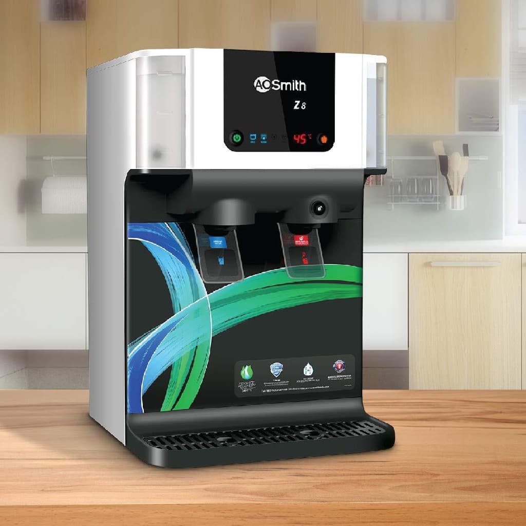 AO Smith Z8 10 L RO + SCMT Water Purifier | Hot + Normal Water| Baby-Safe Water with 8 Stage Purification| Wall Mount + Table Top Placement| Suitable for all - Borewell, Tanker, Municipality Water