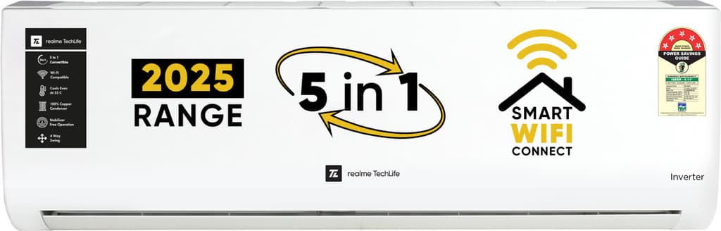 realme TechLife 2025 Model 1 Ton 5 Star Split Inverter with Wi-fi 5-in-1 Convertible with Rapid Cool Smart Technology AC