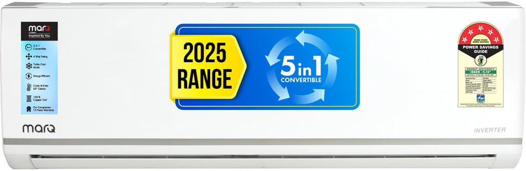 MarQ by Flipkart 2025 Model 1.5 Ton 5 Star Split Inverter 5-in-1 Convertible with Turbo Cool Technology AC