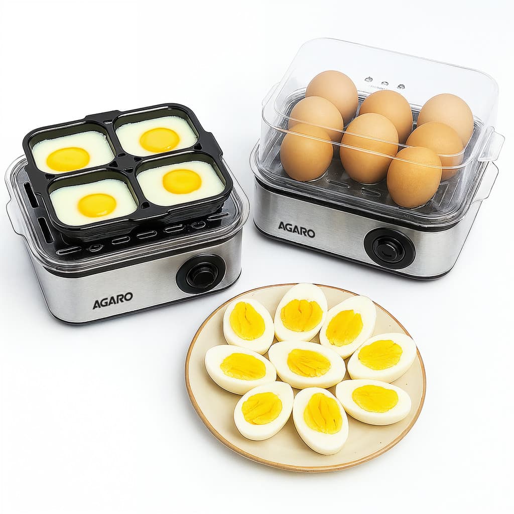 AGARO 3 Boiling Modes, Stainless Steel Body, Transparent Lid, 500 Watts Grand Egg Boiler And Poacher,2-in1 Boils 8 Eggs, Poach 4 Eggs, Egg Cooker