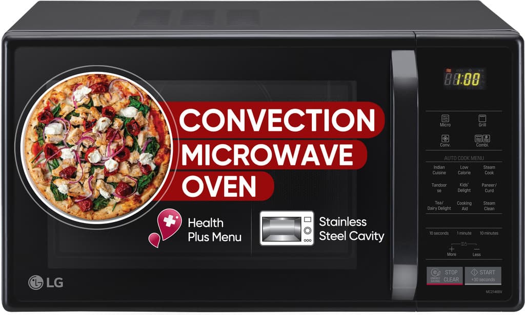 LG 21 L Black, Auto Cook Menu, Defrost, Stainless Steel Cavity, Heathplus menu, Indian Cuisine, Tandoor Se, Paneer/Curd, Steam Clean & Quartz Heater) Convection Microwave Oven