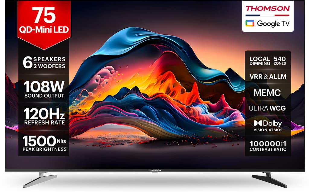 Thomson Masterclass Series 189 cm (75 inch) Ultra HD (4K) Mini LED Smart Google TV with |6 Speaker with 108 W Sound Output Powered by Blaupunkt | Inbuilt 2 Sub-Woofer with Magic Sound| Dolby Atmos | 540 Local Dimming Zones | 120 Hz HSR Refresh Rate | MEMC with ALLM & VRR | 1500 Nits Brightness | Dolby Vision, HDR 10, HLG |Contrast Ratio 100000:1 | Smart Eye Shield |Ultra WCG |